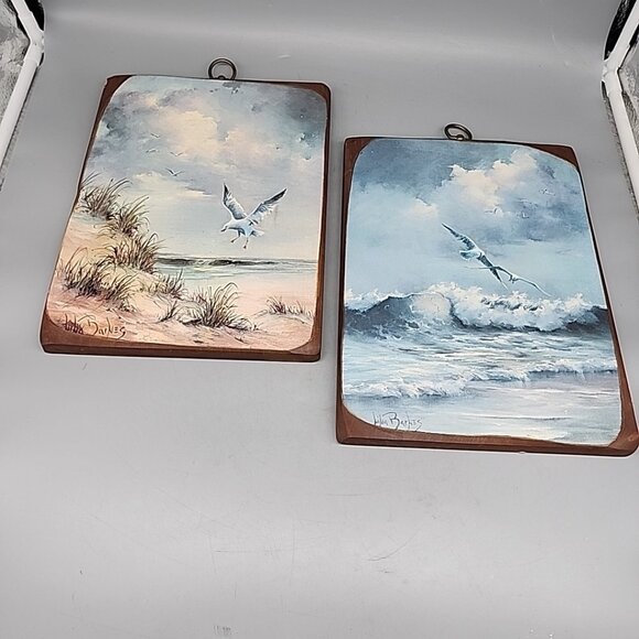 Signed Art Sea Gulls Over Water Ocean Paint Over Wood Set 2 12x9" Wall Hanging - Picture 1 of 6